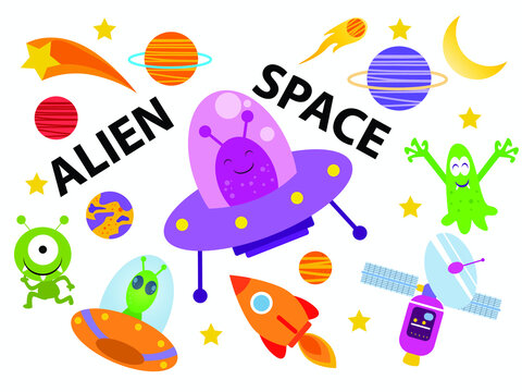 Alien and space hand drawn Doodle cartoon set of objects and symbols