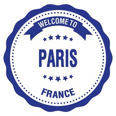 WELCOME TO PARIS - FRANCE, words written on blue stamp