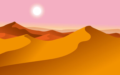 Fototapeta na wymiar Drawing of the desert. Orange dunes, pink sky, white sun