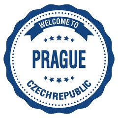 WELCOME TO PRAGUE - CZECH REPUBLIC, words written on blue stamp
