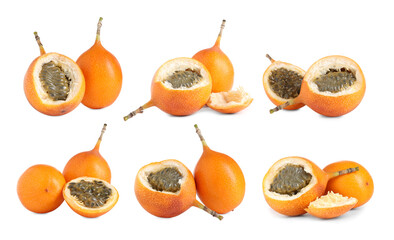 Set with delicious granadillas on white background