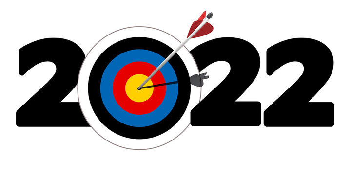 Carte de vœux pour présenter les objectifs d’une entreprises ambitieuse pour 2022, avec le symbole d’une flèche qui atteint le cœur d’une cible.