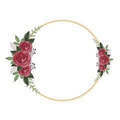 circle gold frame with red roses bouquet for wedding card