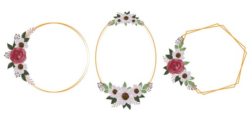 gold frame collection with red roses bouquet for wedding invitation