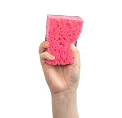 Hand without protective rubber glove using red kitchen sponge isolated on a white background