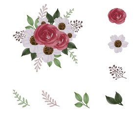 arrangement of red roses bouquet with flower element, leaf, branch and bud
