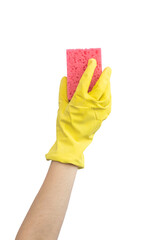 Coseup of female hand in protective rubber glove holding cleaning sponge, isolated on a white...