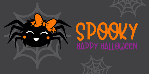 Cute Girl Spider With Orange bow - Halloween hand drawn on t-shirt design, greeting card or poster design Background Vector Illustration..