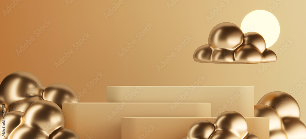 Poster minimal mockup concept for product presentation. beige gradient podium and golden cloud scene. clipp