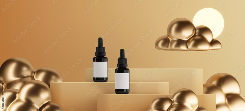 Poster minimal mockup concept for product presentation. beige gradient podium and golden cloud scene. clipp