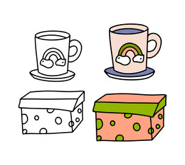 Hand drawn illustration of kid cup with rainbow and pink stationery box in color for back to school concept and coloring book. Vector illustration.