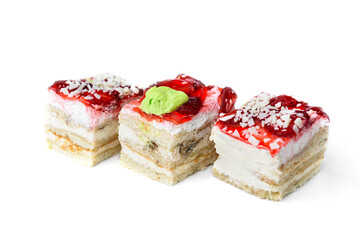Slice of berry cake isolated on white background.