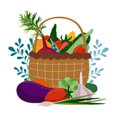 Different vegetables in a wicker basket, hand-drawn in cartoon style. Vector illustration on the theme of autumn harvest