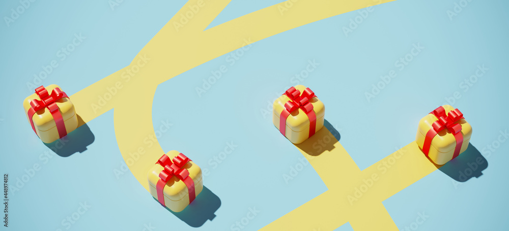 Poster minimal background for christmas online shopping concept. gift box with yellow path on blue backgrou