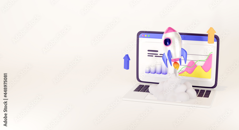 Poster launching new product or service. technology development process. space rocket launch. 3d render