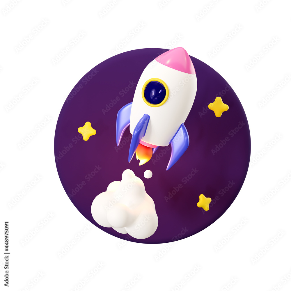 Poster rocket launch icon. business startup development. isolated on white background. 3d render