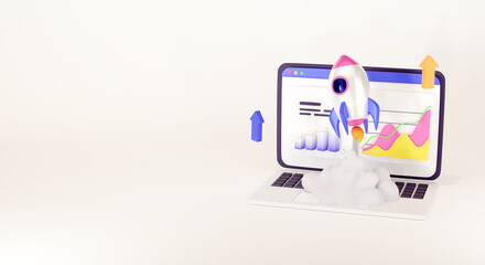 Launching new product or service. Technology development process. Space rocket launch. 3d render	