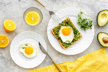 Open sandwich with eggs and avocado on plate. Overhead view