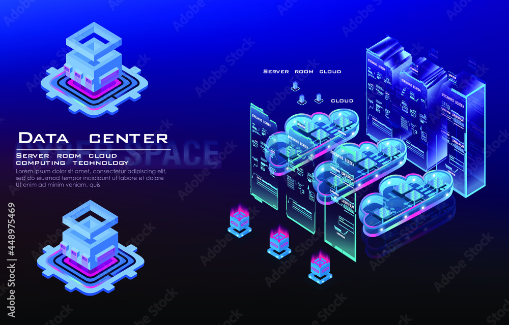Poster server room and cloud computing isometric concept . cloud data for storing and processing informatio