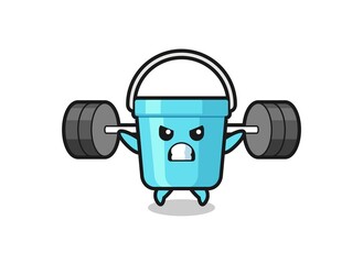 plastic bucket mascot cartoon with a barbell