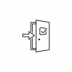 Door with a check mark. Right chosen direction, true path. Vector linear icon isolated on white background.