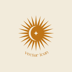 Vintage sun icon. Boho logo design - sun, moon and stars. Isolated Vector illustration of the sun