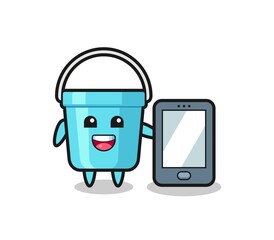 plastic bucket illustration cartoon holding a smartphone