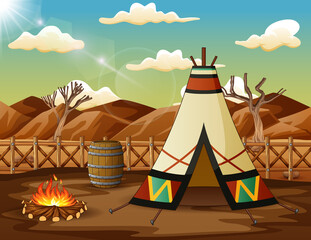 Illustration of american indian tent house and fire in the desert © dreamblack46