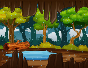 A landscape view from cave entrance on a rainy day