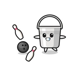 Character cartoon of metal bucket is playing bowling