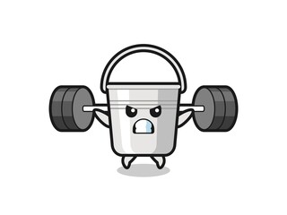 metal bucket mascot cartoon with a barbell