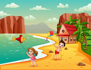 Happy the children playing kite at the beach illustration