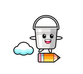 metal bucket mascot illustration riding on a giant pencil