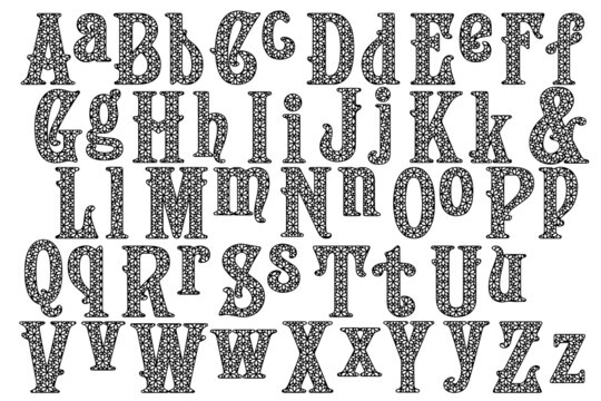 Western retro Latin alphabet with geometric ornament on white background