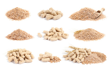 Set with wheat bran on white background