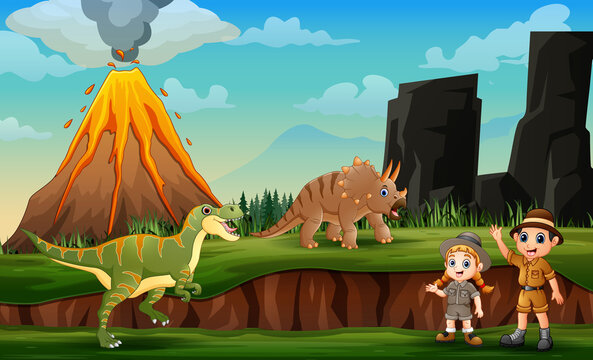 Cartoon of zookeepers and dinosaurs with volcano eruption landscape