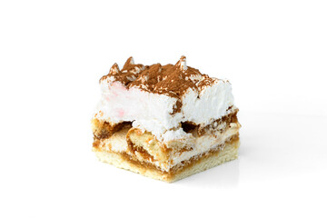 Slice of tiramisu cake isolated on white background.