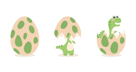 Egg green dino, cute dinosaurus, Tyrannosaurus Rex isolated on white. Vector illustration for postcard, banner, decor, design, arts, web, calendar, advirtising.