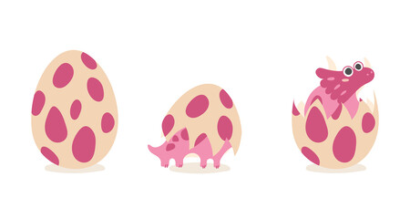 Egg pink dino, cute dinosaurus, Triceratops isolated on white. Vector illustration for postcard, banner, decor, design, arts, web, calendar, advirtising.