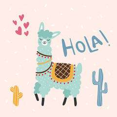 Green lama with blue and ginger cactus, cacti with text hola! and pink hearts on beige background with white dots.  Vector illustration for postcard, banner, web, decor, design, arts, calendar.