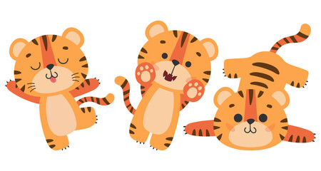 Set of cute dancing, lying tiger, tiger cub with brown stripes, symbol of new 2022 year on white background. Vector illustration for postcard, banner, web, decor, design, arts, calendar.