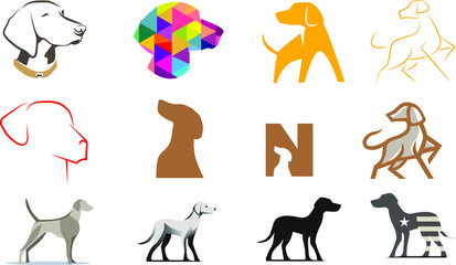 different icons or ways of drawing a dog, simplified or in colors, of the Weimaraner breed or a vizsla