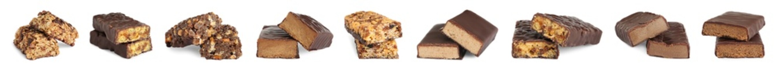 Set with different delicious protein bars on white background. Banner design