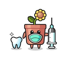 Mascot character of sunflower pot as a dentist