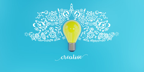 Light bulb and doodles icons. creative idea and innovation concept, 3d illustration