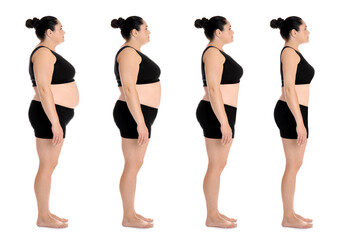 Collage with photos of woman before and after weight loss diet on white background