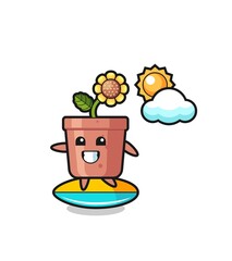 Illustration of sunflower pot cartoon do surfing on the beach