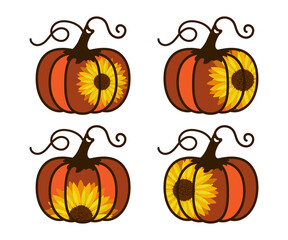 Decorative pumpkins with sunflower flower. Vector illustration for sublimation