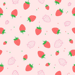 Red strawberry and outline strawberry seamless pattern with pink pastel background color, Vector Illustration.
