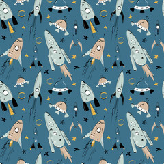 Seamless vector space pattern with rockets, stars for different kids design